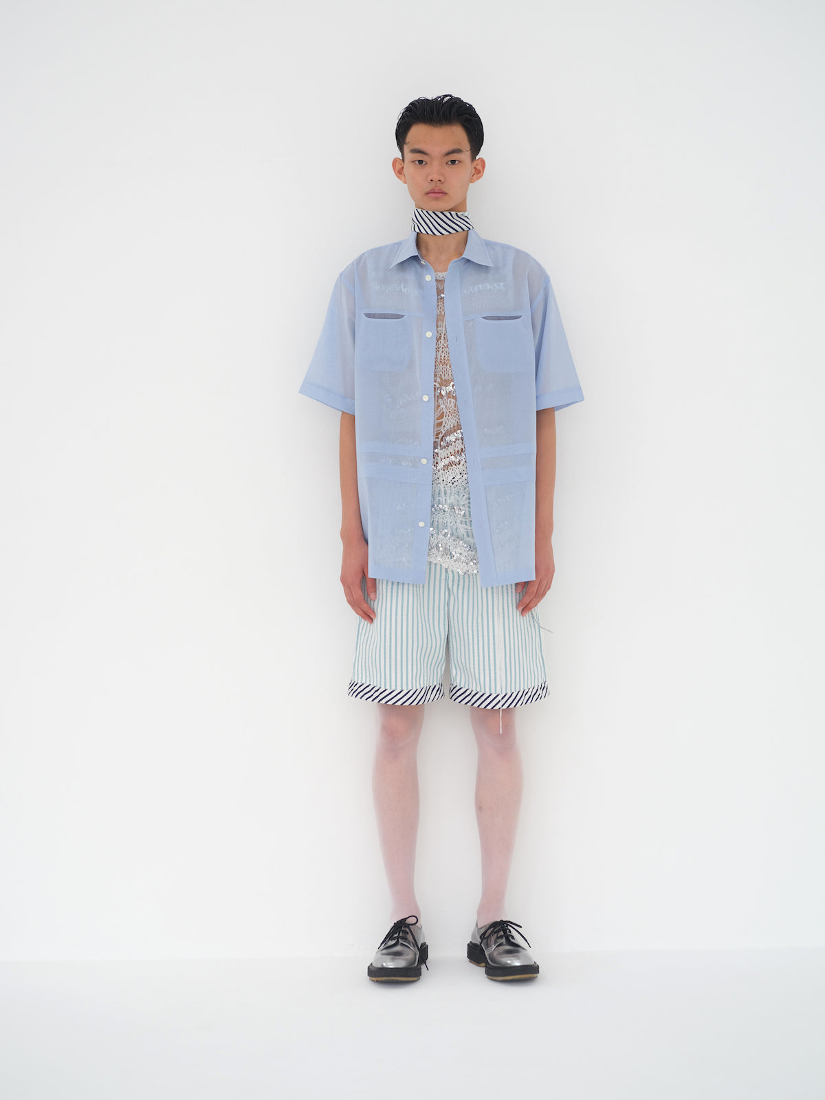 SHEER HALF SLEEVE SHIRTS - SAX BLUE