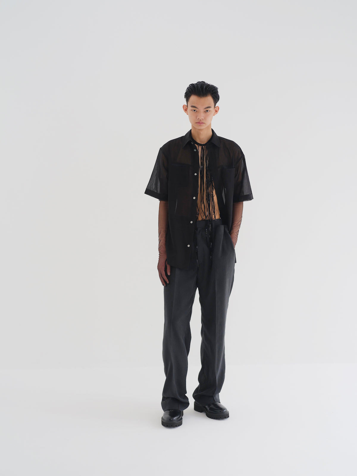 SHEER HALF SLEEVE SHIRTS - BLACK